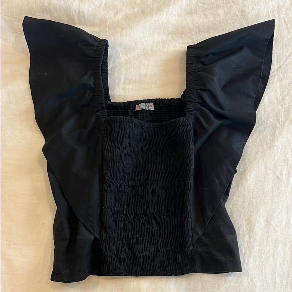 Anthropologie Conditions Apply Black Flutter Sleeve Crop Blouse